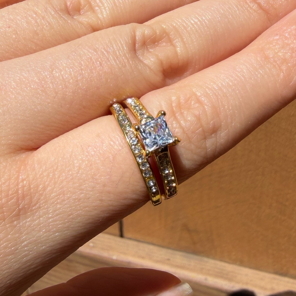Gold Tone Princess-Cut CZ Bridal Ring Set - Gold